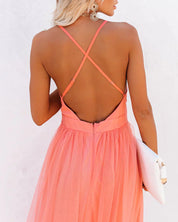 Gala Maxi Dress with Open Back and Deep V Neck