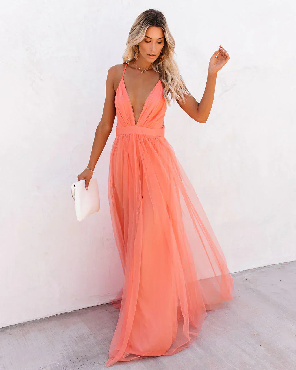 Gala Maxi Dress with Open Back and Deep V Neck