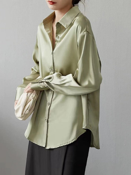 Elegante Satijnen Blouse Lange Mouw Met Kraag Voor Vrouwen