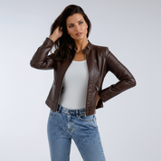 Korte Leren Bikerjas voor Vrouwen met Rits en Zakken