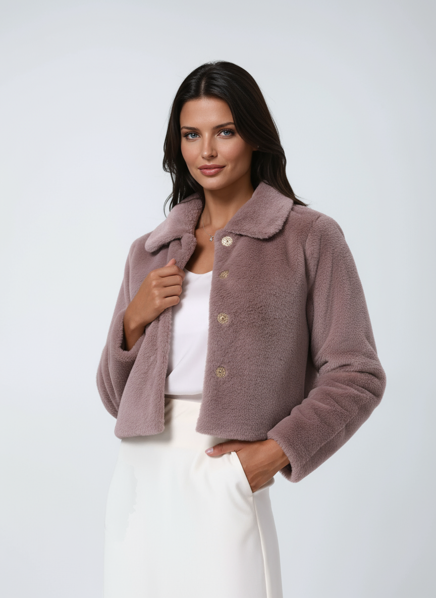 Manteau d'hiver court en fausse fourrure avec col et boutons pour femmes