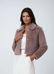 Manteau d'hiver court en fausse fourrure avec col et boutons pour femmes