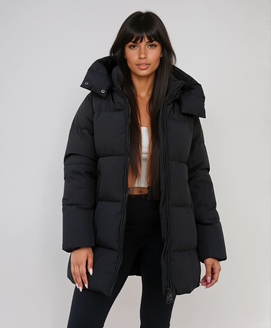 Zwarte Puffer Winterjas met Capuchon Gewatteerd en Lang voor Dames
