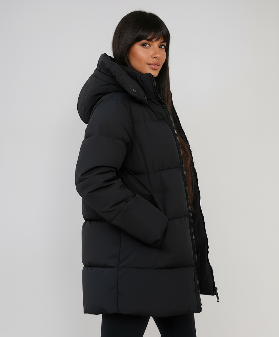 Zwarte Puffer Winterjas met Capuchon Gewatteerd en Lang voor Dames