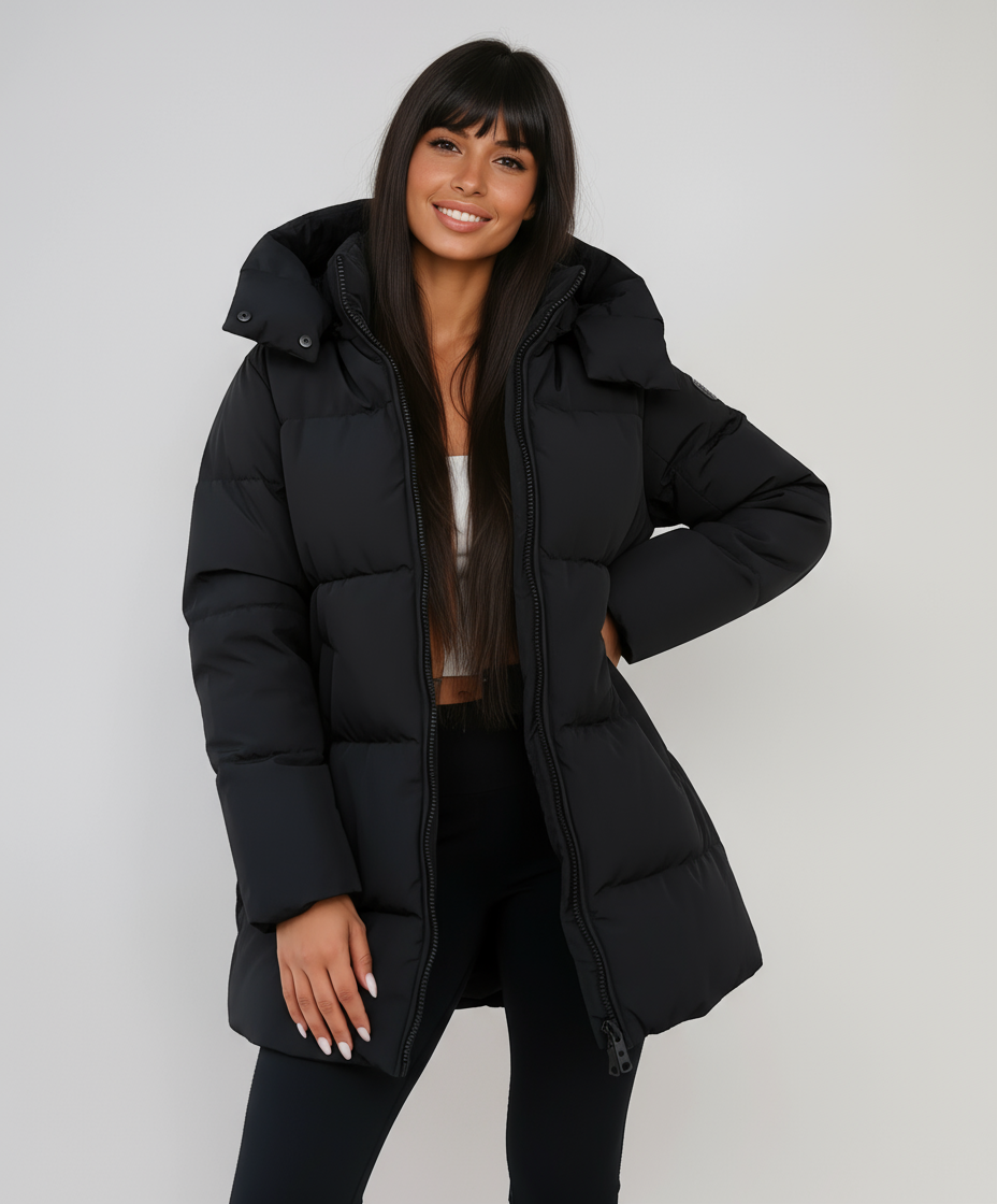 Zwarte Puffer Winterjas met Capuchon Gewatteerd en Lang voor Dames