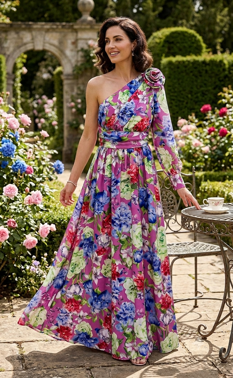 Purple Maxi Dress With One Shoulder And Floral Print