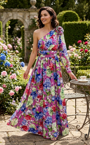 Purple Maxi Dress With One Shoulder And Floral Print