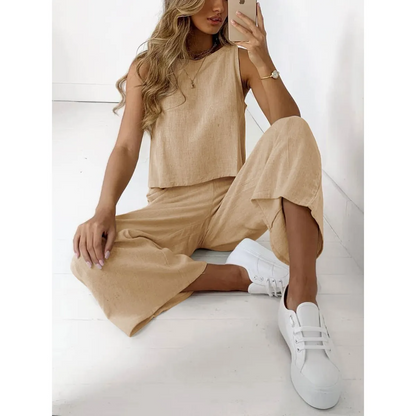 Casual Dames Co-ord Set met Mouwloze Top en Wijde Broek