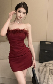 Strapless Mini Jurk met Veren Bodycon Feestjurk voor Dames