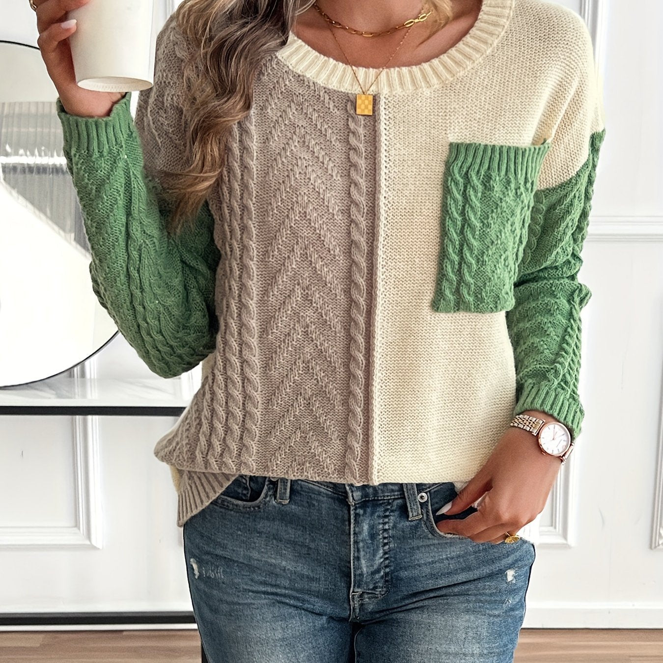 Rosalie color block cable knit sweater with front pocket, close-up front view