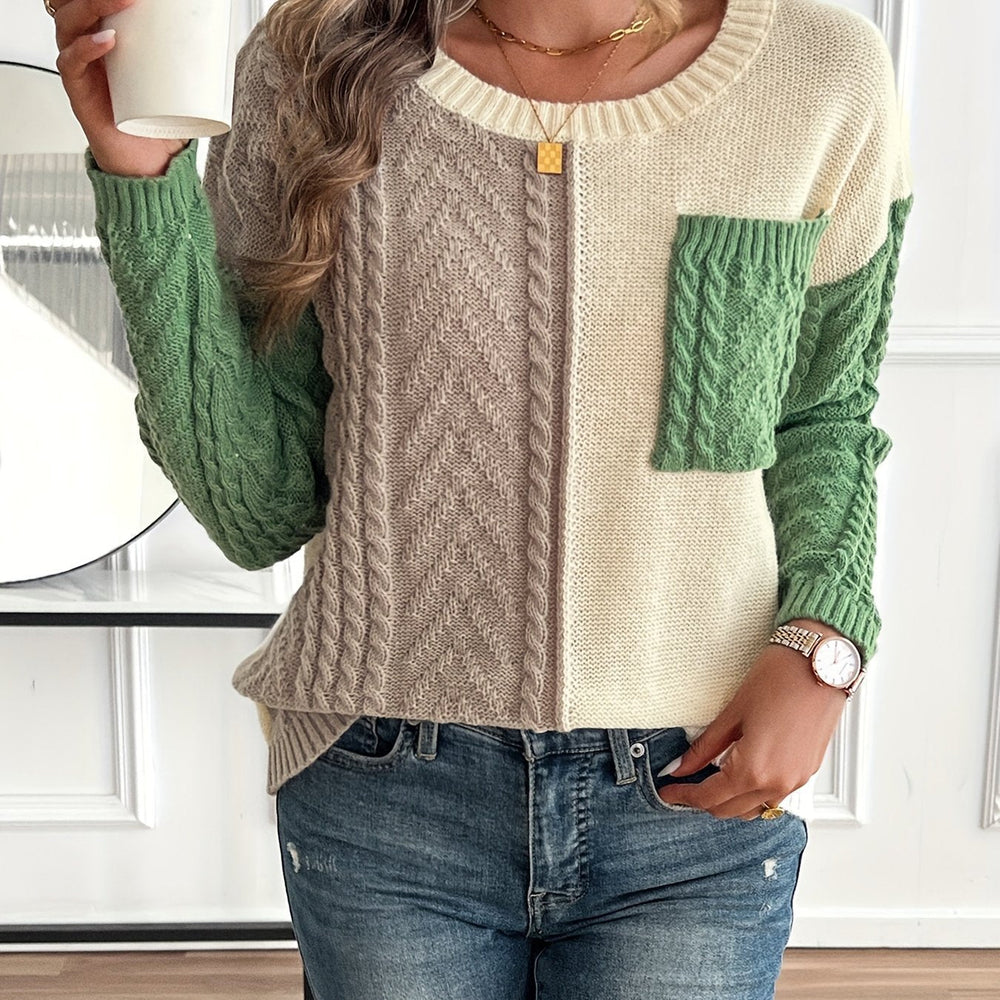 Rosalie color block cable knit sweater with front pocket, close-up front view