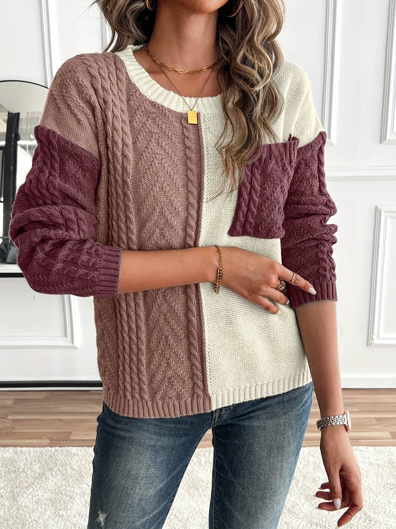 Rosalie color block cable knit sweater, front view detail