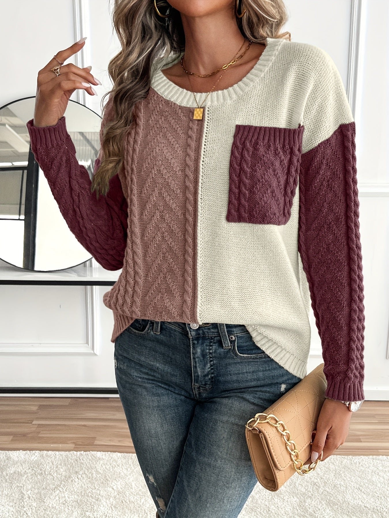 Rosalie color block cable knit sweater, front view detail