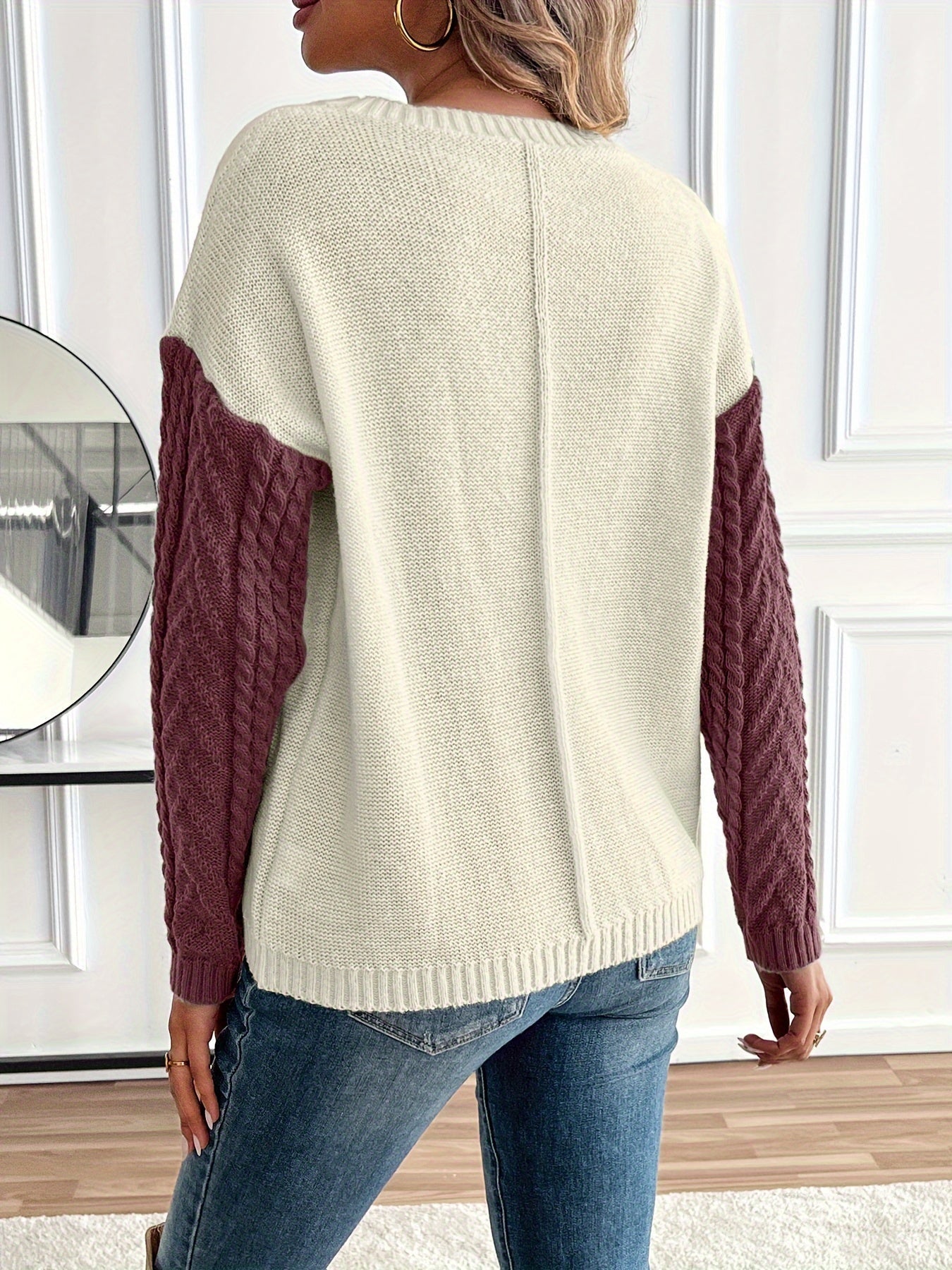 Rosalie color block cable knit sweater, front view detail