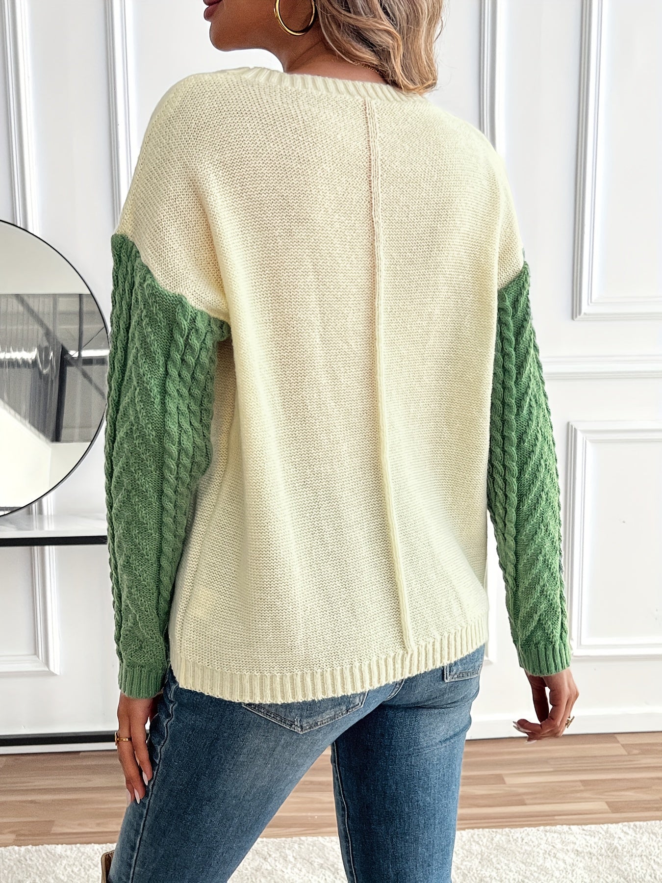 Rosalie color block cable knit sweater, back view