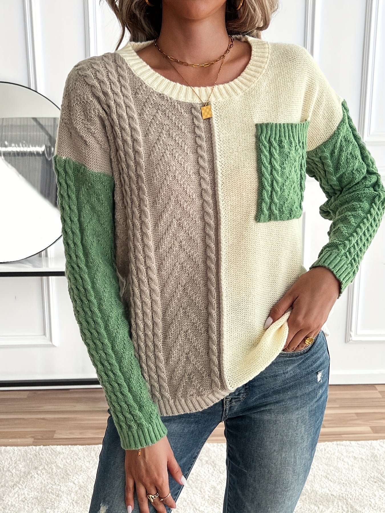 Rosalie color block cable knit sweater, front view detail