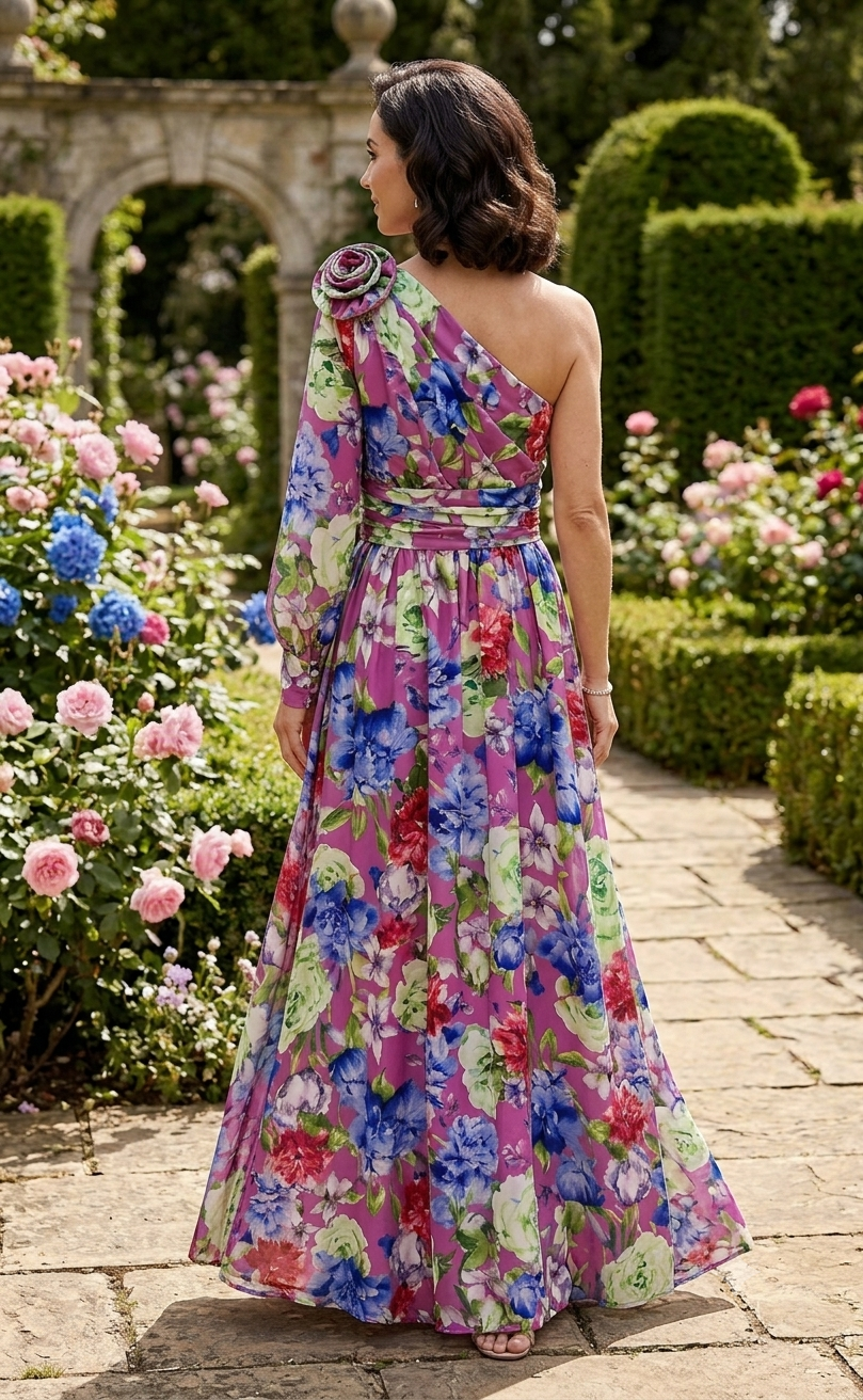 Purple Maxi Dress With One Shoulder And Floral Print