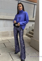 Dames Glitter Pailletten Flare Broek Met Elastische Taille