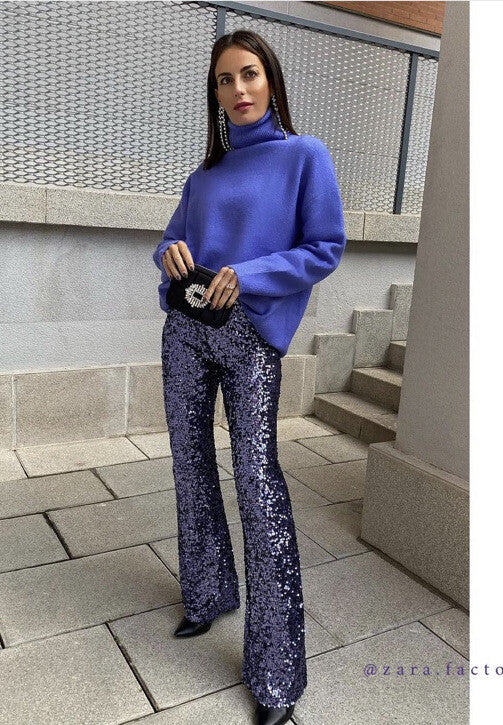 Dames Glitter Pailletten Flare Broek Met Elastische Taille