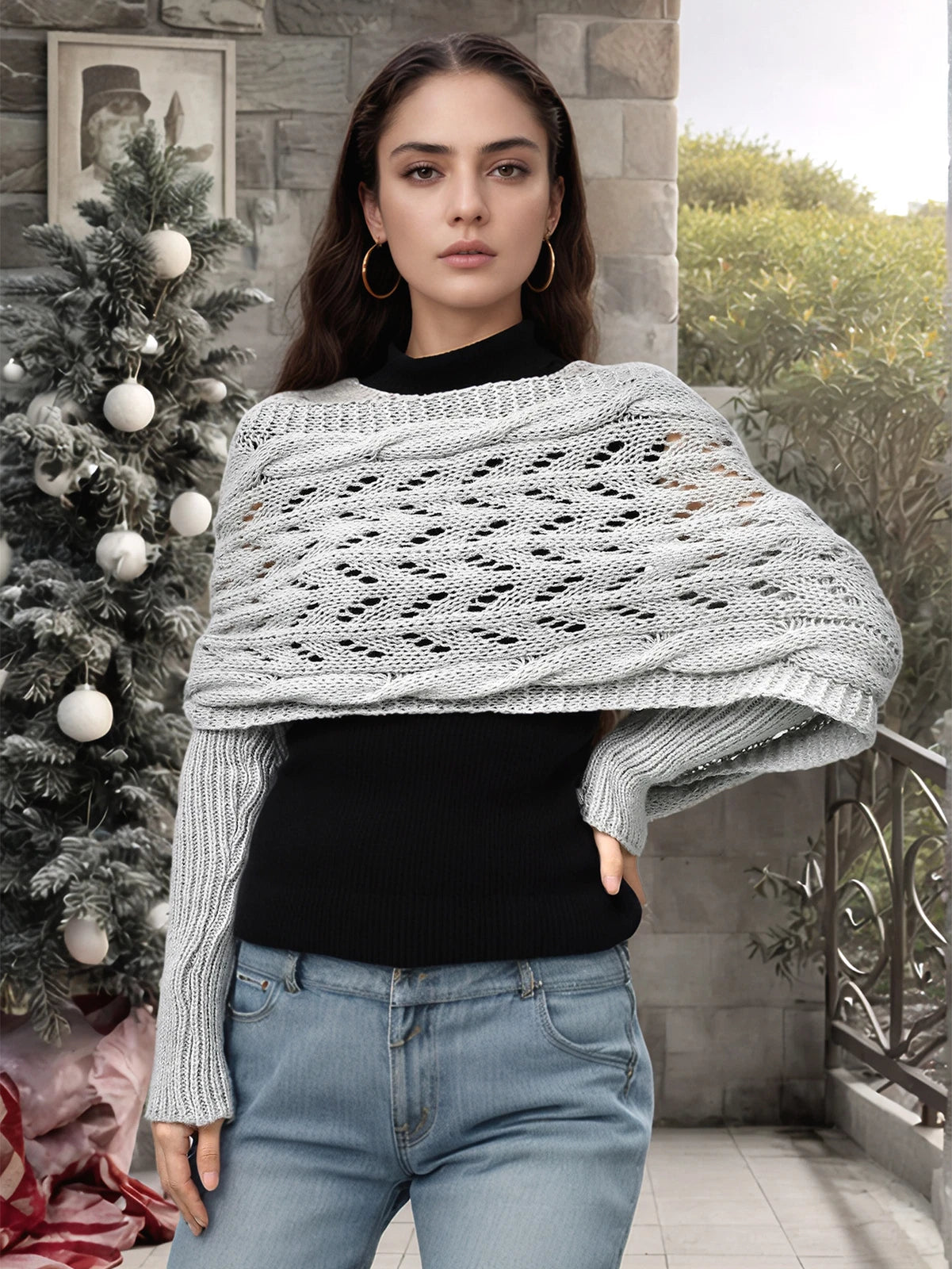 Dames Warme Gebreide Opengewerkte Cape Wintersjaal Met Mouwen