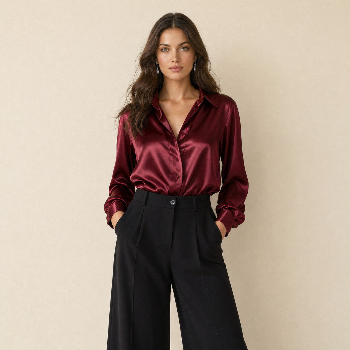 Dames Chique Satijnlook Blouse met Klassieke Kraag en Knopen