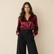 Dames Chique Satijnlook Blouse met Klassieke Kraag en Knopen