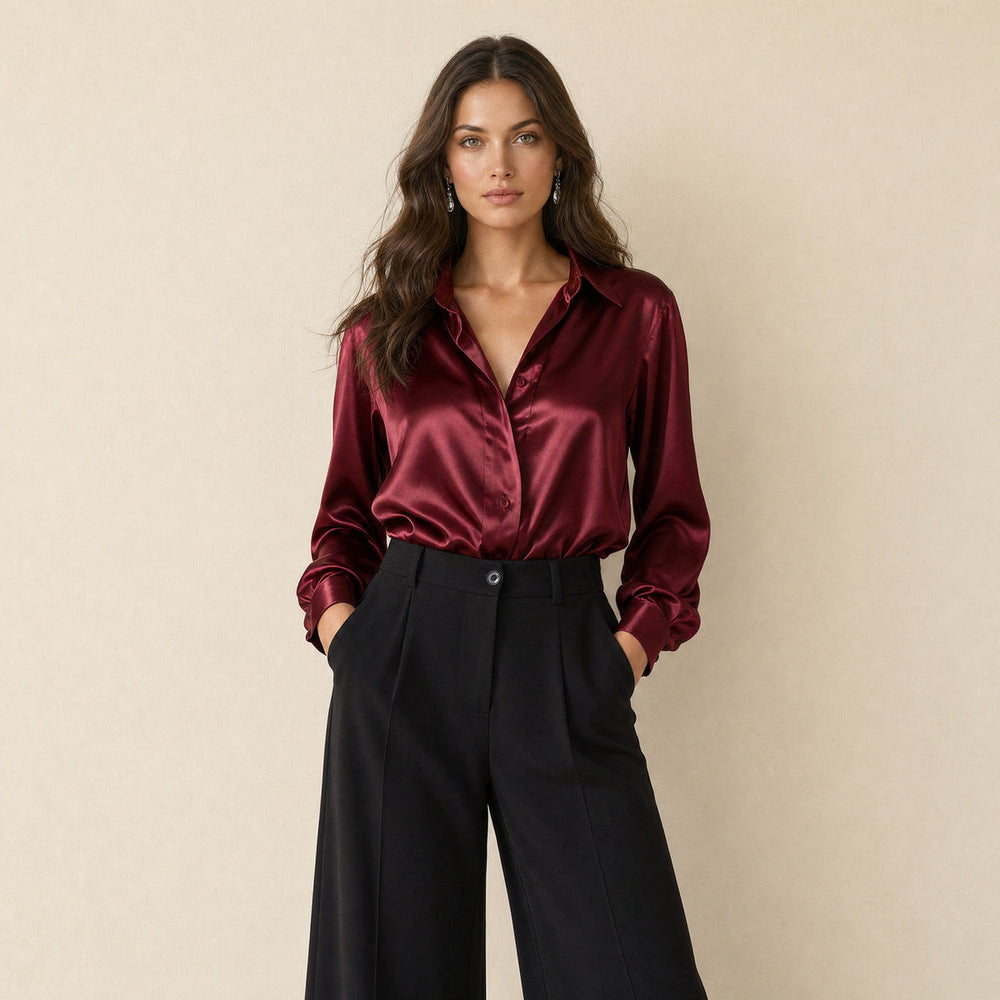 Dames Chique Satijnlook Blouse met Klassieke Kraag en Knopen