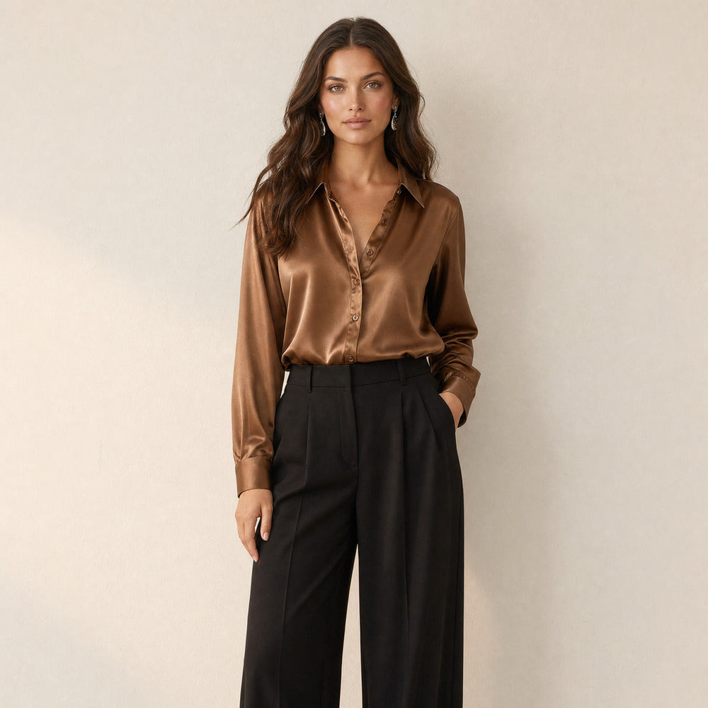 Dames Chique Satijnlook Blouse met Klassieke Kraag en Knopen