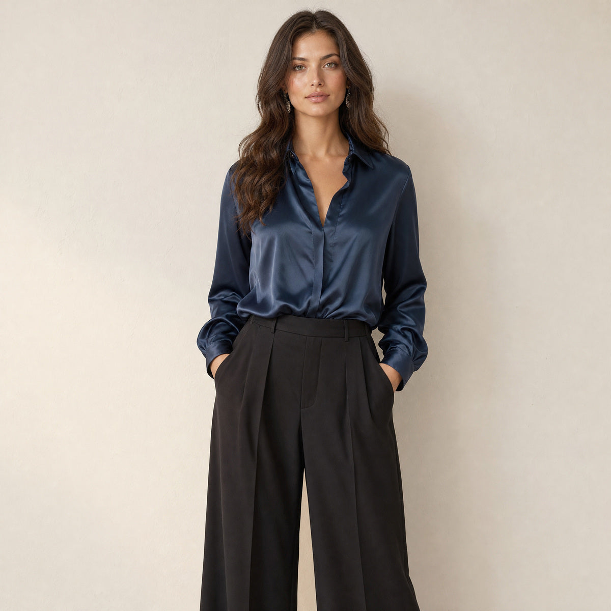 Dames Chique Satijnlook Blouse met Klassieke Kraag en Knopen