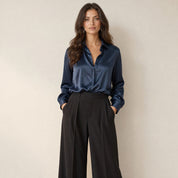 Dames Chique Satijnlook Blouse met Klassieke Kraag en Knopen