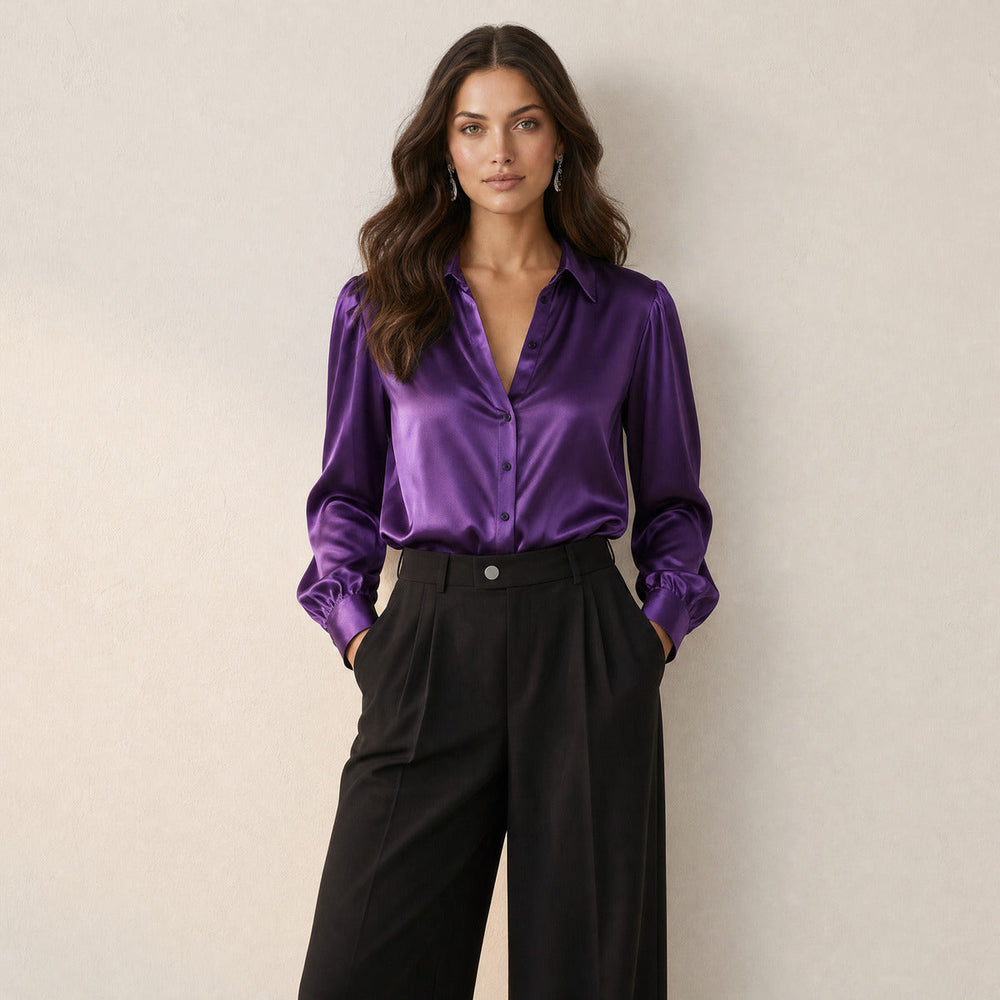 Dames Chique Satijnlook Blouse met Klassieke Kraag en Knopen