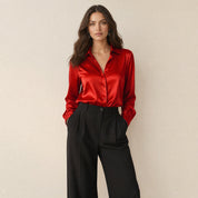 Dames Chique Satijnlook Blouse met Klassieke Kraag en Knopen