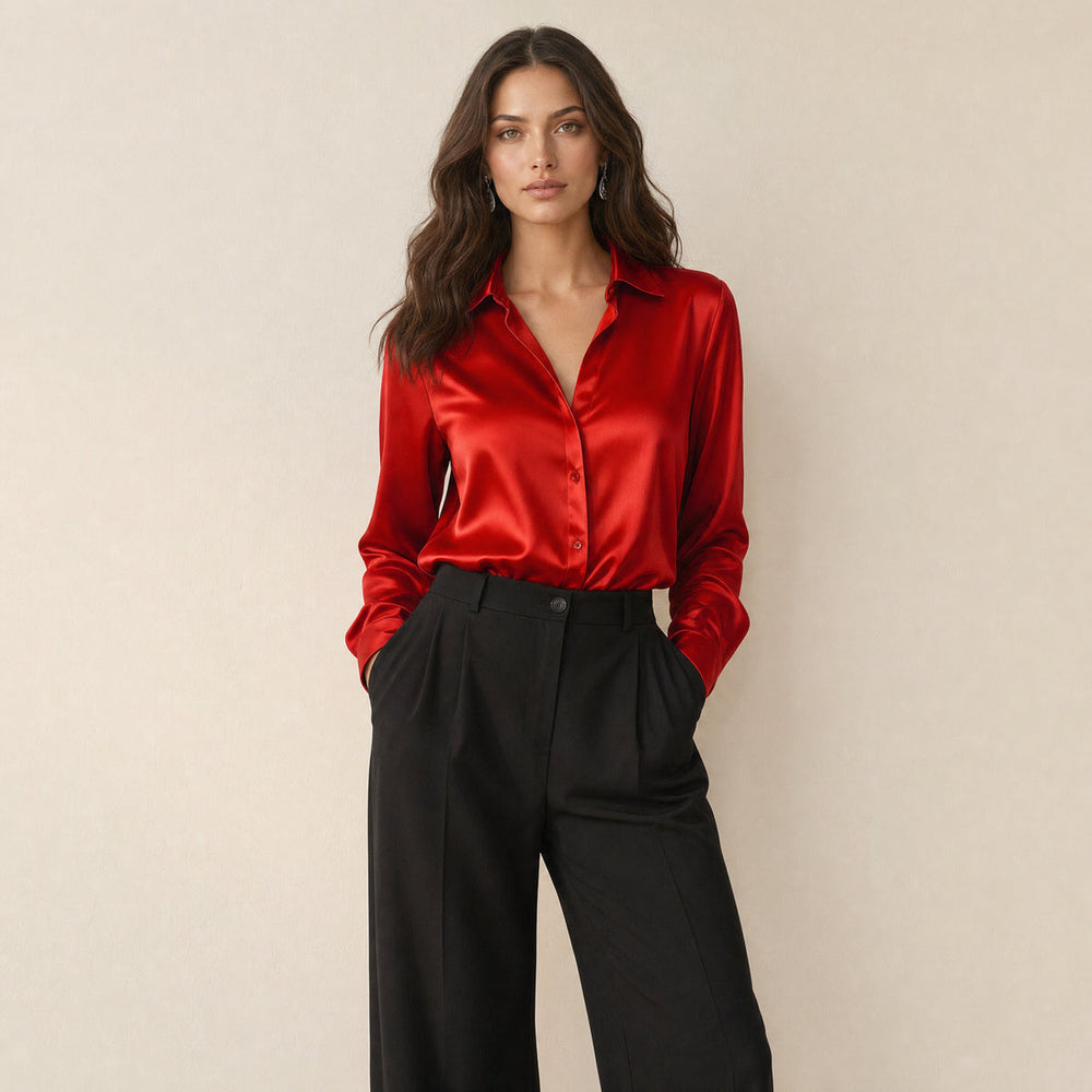 Dames Chique Satijnlook Blouse met Klassieke Kraag en Knopen