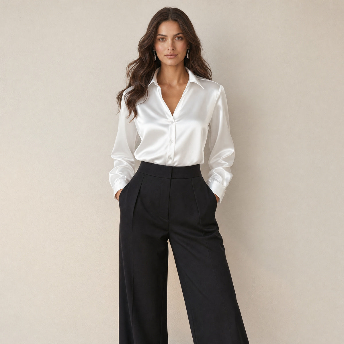 Dames Chique Satijnlook Blouse met Klassieke Kraag en Knopen