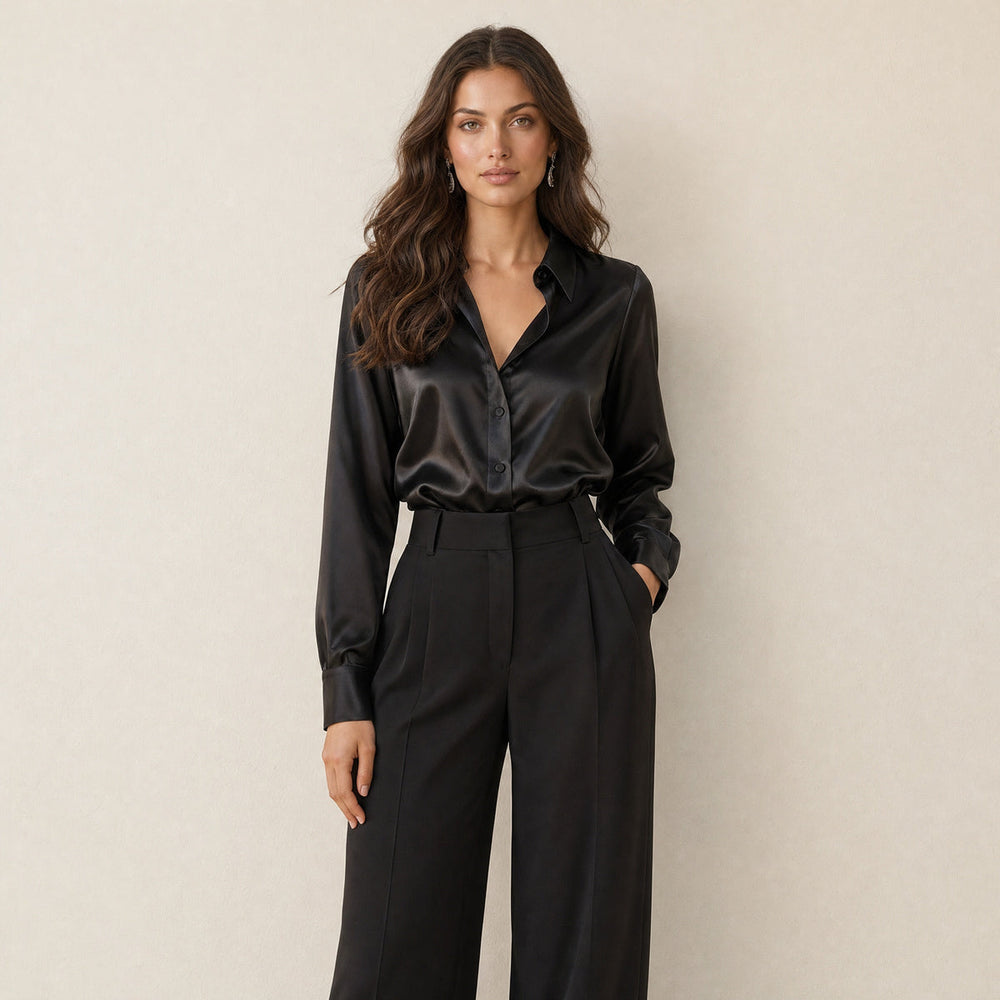 Dames Chique Satijnlook Blouse met Klassieke Kraag en Knopen
