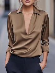 Dames Elegante Satijnen Blouse met V-Hals en Kraag