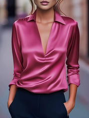Dames Elegante Satijnen Blouse met V-Hals en Kraag