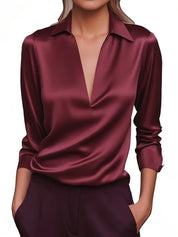 Dames Elegante Satijnen Blouse met V-Hals en Kraag