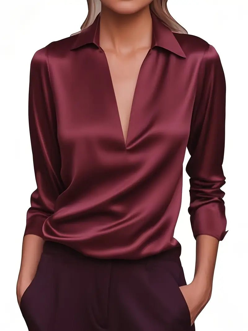 Dames Elegante Satijnen Blouse met V-Hals en Kraag