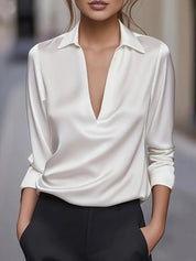 Dames Elegante Satijnen Blouse met V-Hals en Kraag