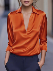Dames Elegante Satijnen Blouse met V-Hals en Kraag