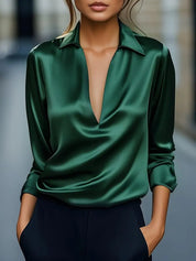 Dames Elegante Satijnen Blouse met V-Hals en Kraag