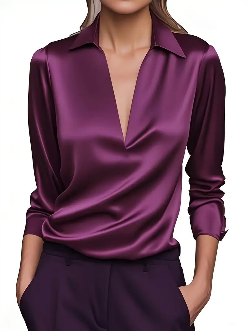 Dames Elegante Satijnen Blouse met V-Hals en Kraag