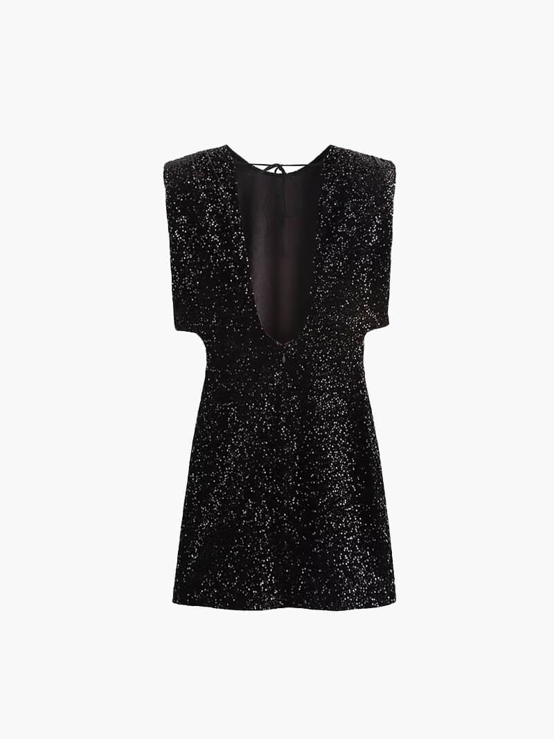 Zwarte Glitter Cocktail Mini Jurk met Pailletten en Schouderdetails