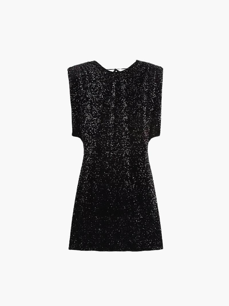 Zwarte Glitter Cocktail Mini Jurk met Pailletten en Schouderdetails