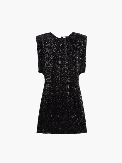 Zwarte Glitter Cocktail Mini Jurk met Pailletten en Schouderdetails