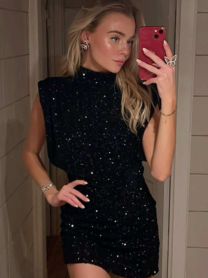 Zwarte Glitter Cocktail Mini Jurk met Pailletten en Schouderdetails