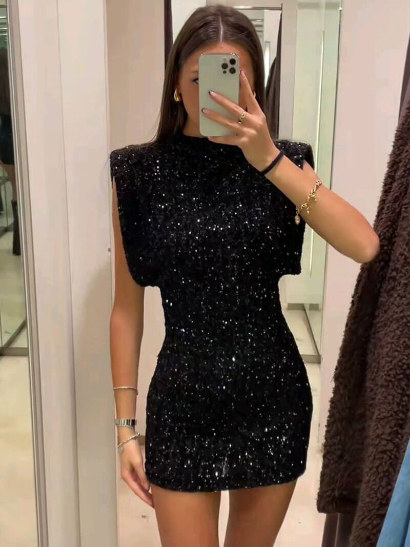 Zwarte Glitter Cocktail Mini Jurk met Pailletten en Schouderdetails