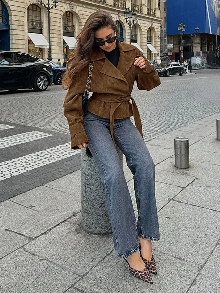 Bruine Oversized Suede Look Leren Winterjas Dames met Ceintuur
