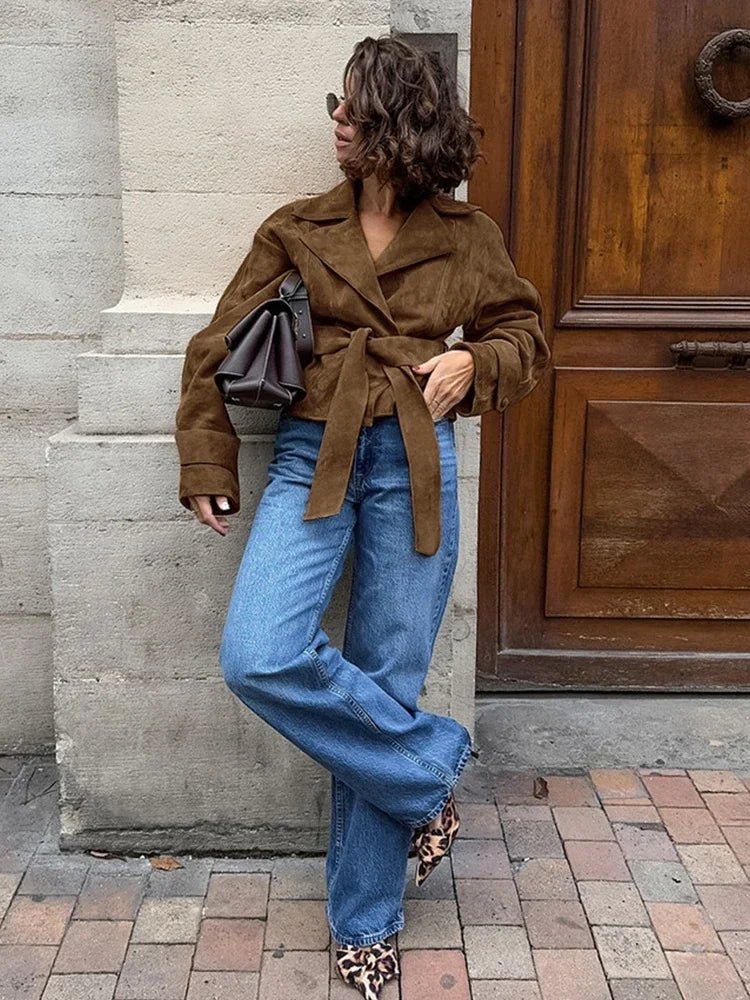 Bruine Oversized Suede Look Leren Winterjas Dames met Ceintuur